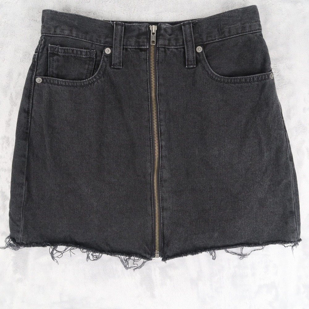 Madewell Mini Skirt Womens 26 Black Rigid Denim A-Line Zip Front Raw Hem A913